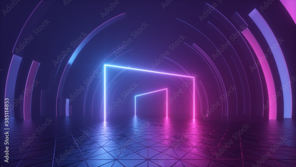 Poster 3d rendering, abstract geometric neon background with glowing lines