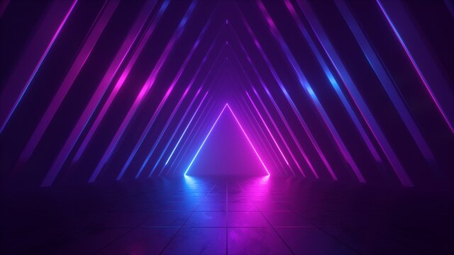 3d render, abstract background with pink blue glowing neon light triangle, geometric wallpaper with triangular tunnel