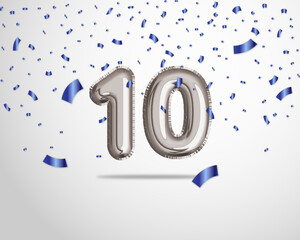 Happy 10th birthday with realistic foil balloons text on silver background and blue confetti. Set for Birthday, Anniversary, Celebration Party. Vector stock.