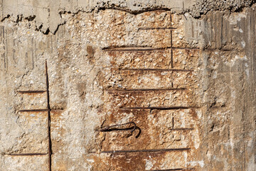 Reinforced concrete with damaged and rusty steel reinforcement. Old distressed wall texture background,