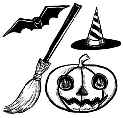 Set of halloween elements - broom, hat, bat, pumpkin. Sketch halloween elements