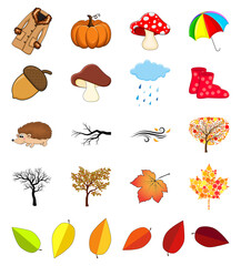 Autumn icon set. Cartoon fall symbols collection isolated on white background. Autumnal illustration elements for october vector design. Seasonal icons with coat, umbrella, rain, cloud, wind, etc.
