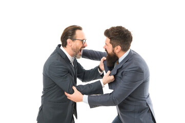 Leadership concept. Businessman and politician fighting. Conflict of interest. Business conflict. Coworkers or business partners fighting. Business competition. Leadership and career. Deserve punch