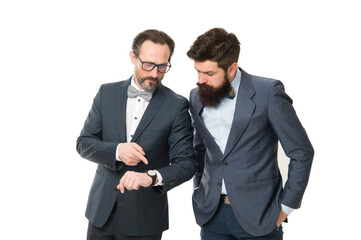 time management. mature men have own business. partnership of boss men isolated on white. bearded businessmen in formal suit. business meeting. team success. collaboration and teamwork. time to work