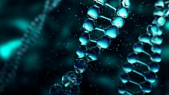 DNA molecule in water on dark background. Seamless loop 3d render
