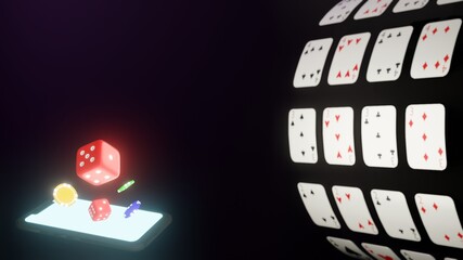 Casino online advertising background with dice spinning pop up from smart phone on a darkness...