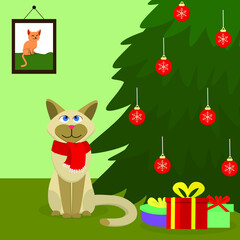 Christmas illustration with a cat sitting under a Christmas tree next to gift boxes