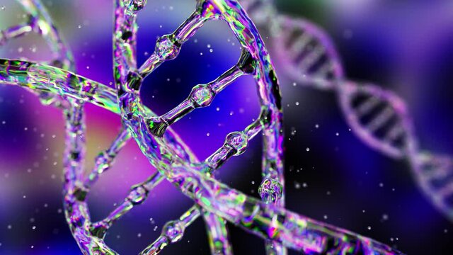 Abstract DNA on a dark background. The DNA hologram glows and shimmers with iridescent colors. Science and medicine concepts. Seamless loop 3d render