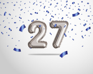 Happy 27th birthday with realistic foil balloons text on silver background and blue confetti. Set for Birthday, Anniversary, Celebration Party. Vector stock.