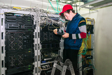 The technician checks the quality of the Internet connection in the server room of the data center. A young guy standing on the stairs measures the signal level in a fiber optic cable.
