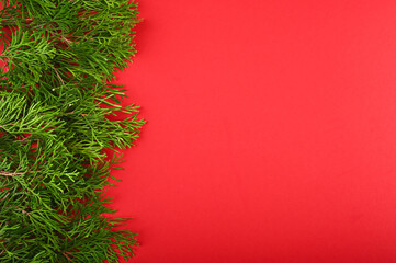 Christmas frame of green branches on red background.