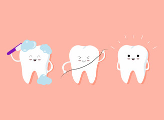 Cleaning and whitening teeth concept vector illustration. Snow-white Happy Tooth  Cartoon characters in flat design. Dental care.