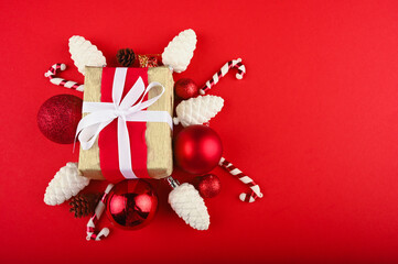 Gift box with christmas decorations, festive copy space.