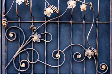 Decoration of metal gates with sophisticated modern forged elements. Decoration of private houses...