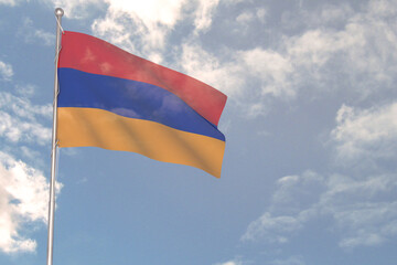 3d rendering of National Flag concept. Flag of Armenia waving in wind. Blue cloudy sky on background. 