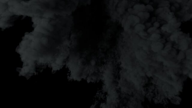 Ultra realistic fiery explosion from a bomb or gas with black thick smoke on an isolated black background. Close up