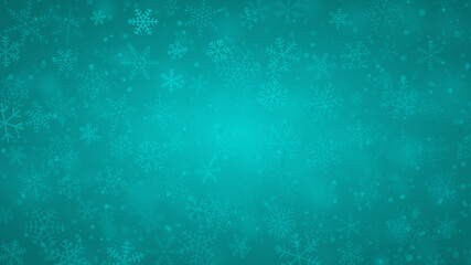Christmas background of snowflakes of different shapes, sizes and transparency in light blue colors