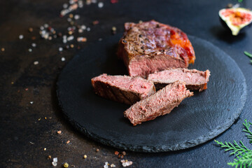 beef steak ribeye grilled veal juicy fried meat tasty top view copy space for text food background rustic