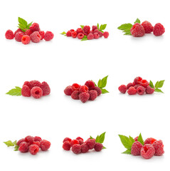 Raspberries collection with leaf isolated on white background