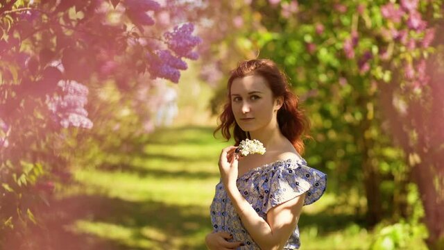 Cute redhead woman stands in lilac field and looks at you holding white flower