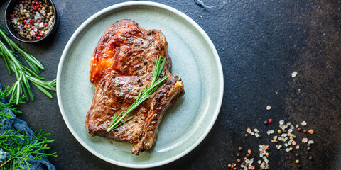beef steak ribeye grilled veal juicy fried meat tasty top view copy space for text food background rustic
