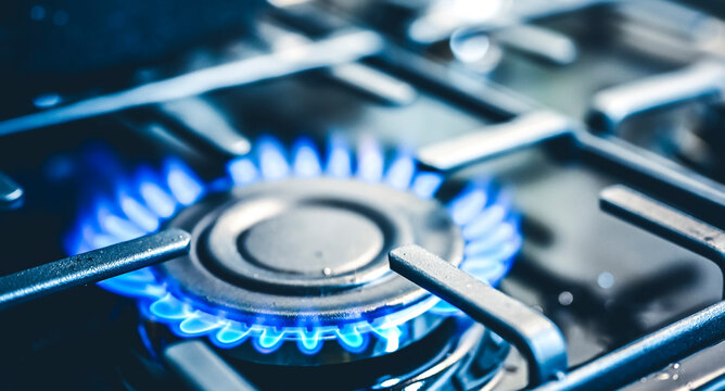 Modern Kitchen Stove Cook. Gas Flame Close Up On The Gas Stove.