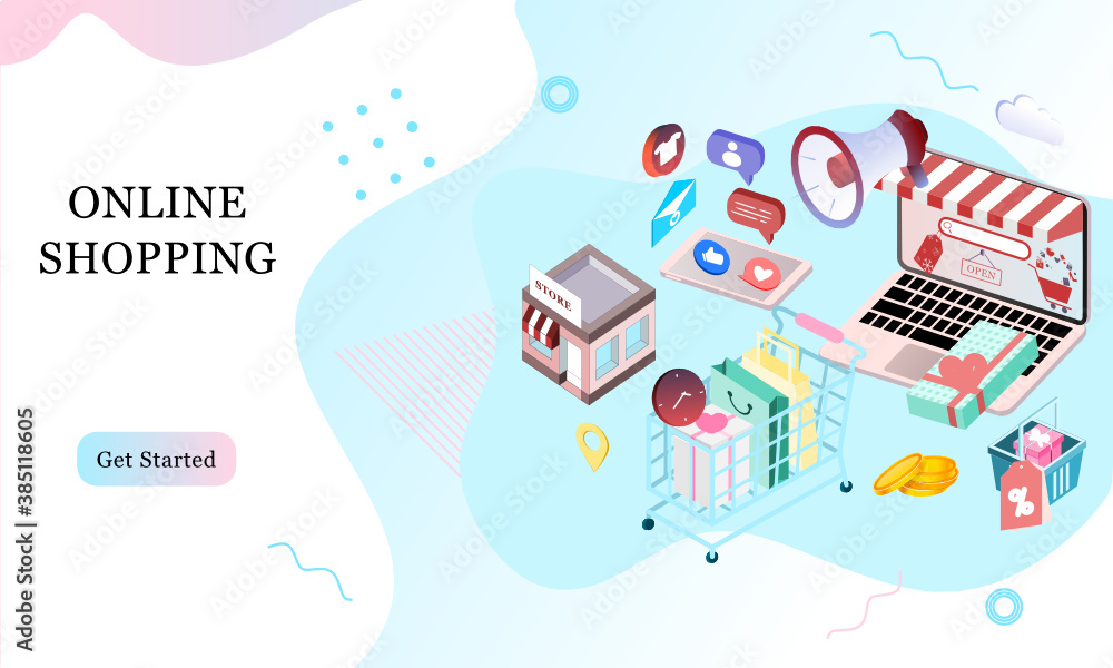 Poster landing page of 3d isometric online shopping on websites or mobile applications concepts of vector e