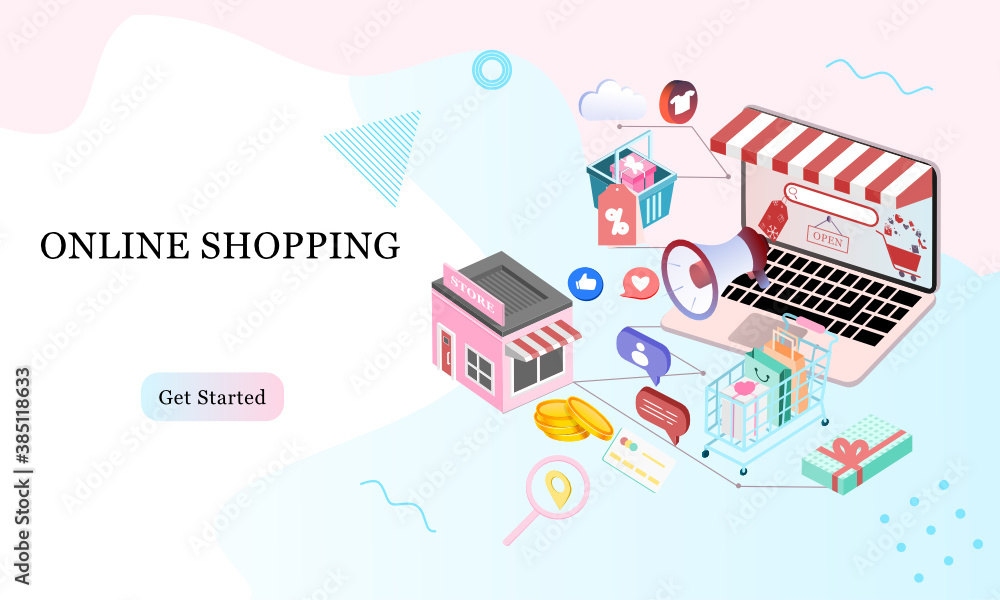 Poster landing page of 3d isometric online shopping on websites or mobile applications concepts of vector e