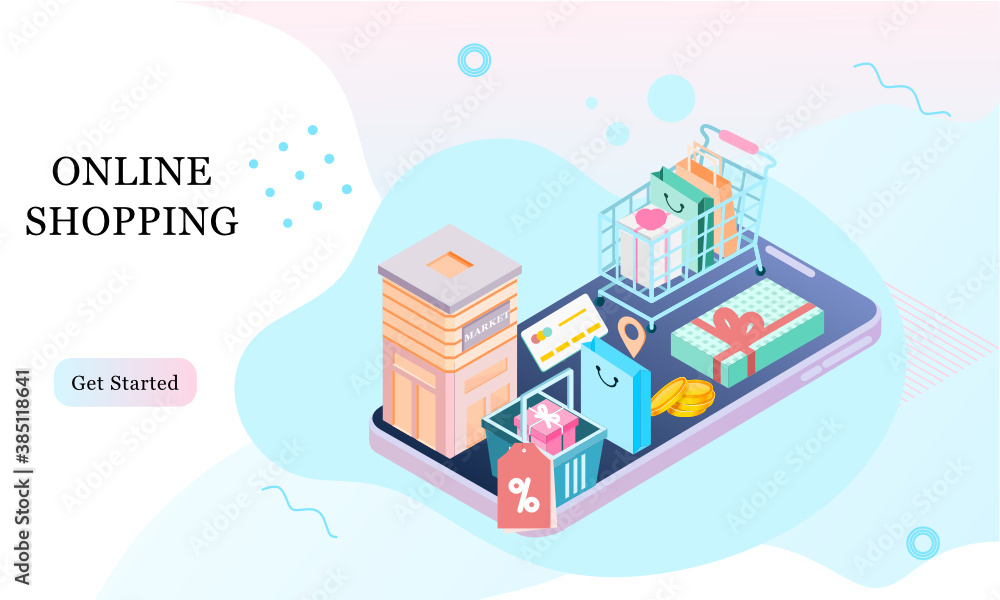 Poster landing page of 3d isometric online shopping on websites or mobile applications concepts of vector e