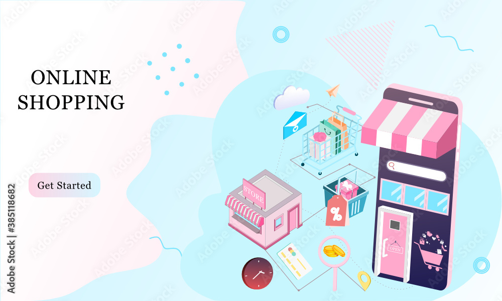 Poster landing page of 3d isometric online shopping on websites or mobile applications concepts of vector e