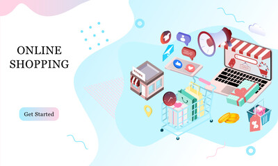 Fototapeta na wymiar Landing page of 3d isometric online shopping on websites or mobile applications concepts of vector e-commerce and digital marketing. Memphis style illustration for banner online store promotion.