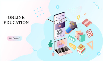 Isometric landing page template concept of Online Education for banner and website in memphis style background. Online training courses, university studies, e-learning research.  Vector illustration.