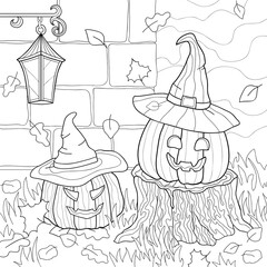 Two evil pumpkin with Witch hats and on a stump, falling autumn leaves, grass, a brick wall,  lantern. Halloween creepy hand drawn illustration on white isolated background. For coloring book pages.