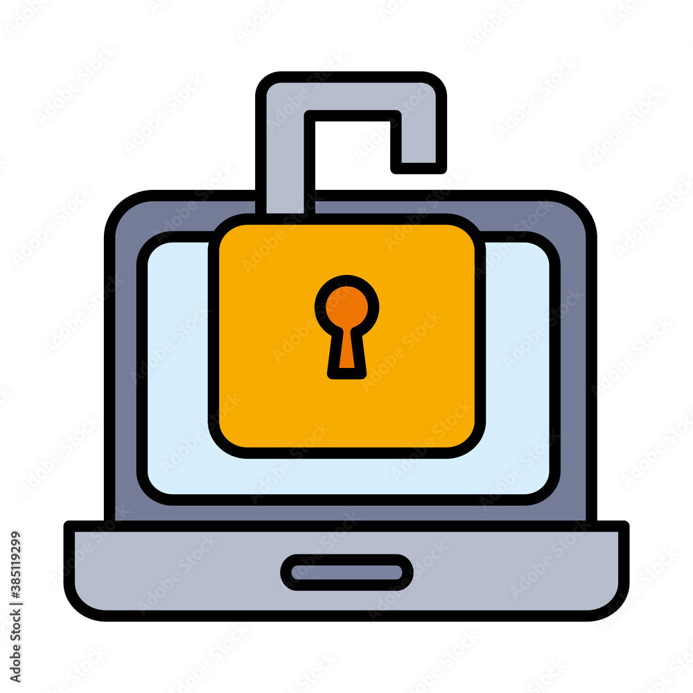 Poster padlock on laptop line and fill style icon design of security lock and access theme vector illustrat
