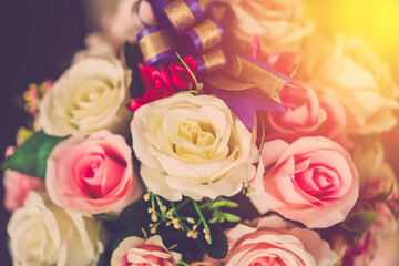 Valentine day background. Bouquet love roses flower close up. vintage filter