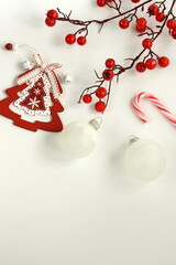 Christmas background isolated top view, copy space on white backdrop.  flat lay