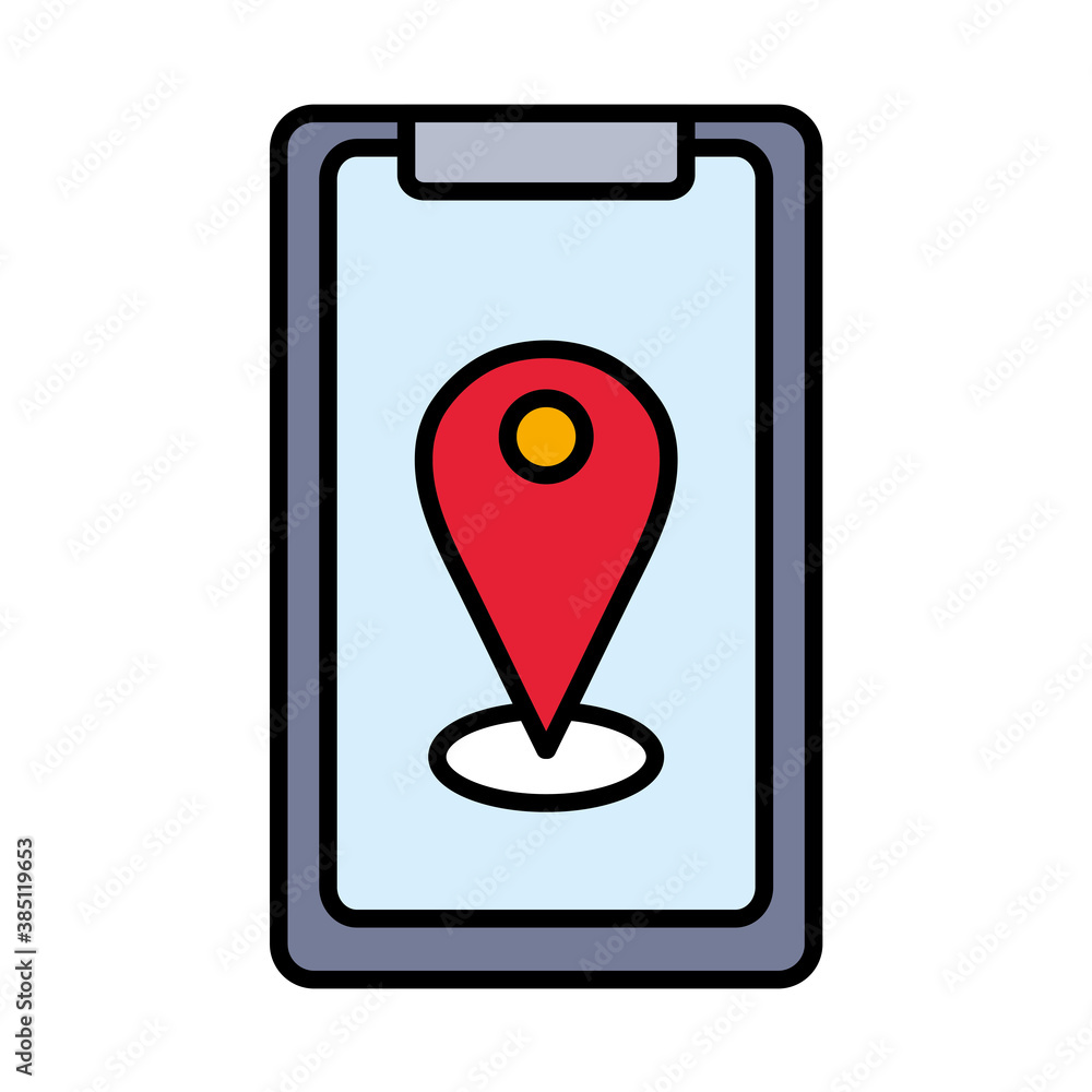Poster gps mark in smartphone line and fill style icon design, map travel navigation route and road theme v