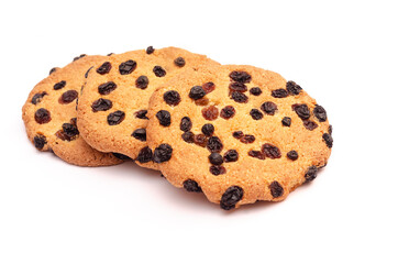 Three delicious cookies with raisins on a white background