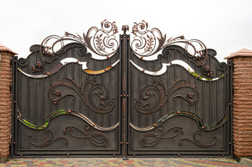 Beautiful metal gates with forged elements, protection of a private house