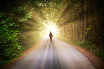 Artistic Render of a Girl Walking on a Road in the Enchanted Rainforest with light shinning. Road...