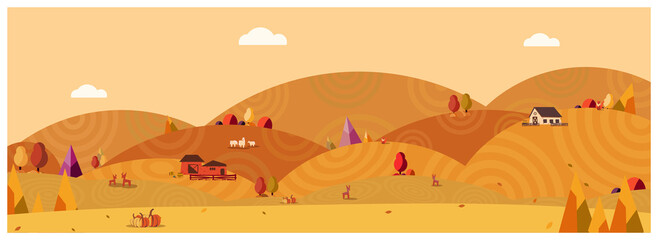 Panorama Vector illustration of Countryside landscape in autumn,banner of farm house.The yellow foliage mountains or hill with falling leaves,barn and pumpkin,falls and antilope deer