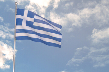 3d rendering of National Flag concept. Flag of Greece waving in wind. Blue cloudy sky on background. 