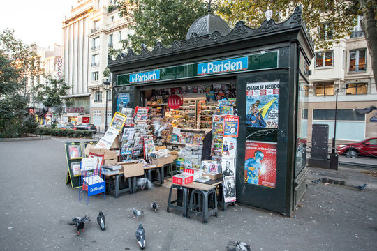 PARIS, FRANCE, - October 6, 2016. Typical urban view. A booth selling the press on the Montmartre district