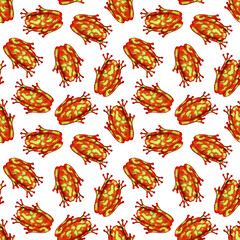 Hand drawn watercolor seamless pattern with colorful tree frogs. Stock illustration of tropical amphibians.