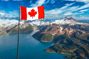 Canadian National Flag Overlay. Aerial landscape view of a famous landmark, Garibaldi Lake....