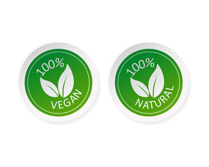 Green natural and vegan stickers set in flat style. Vector illustration.