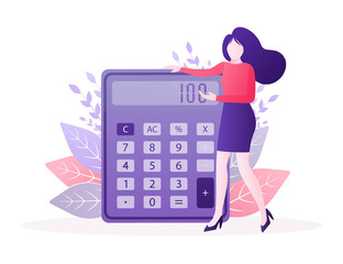 Cartoon character. Cartoon character calculator girl. Vector illustration.