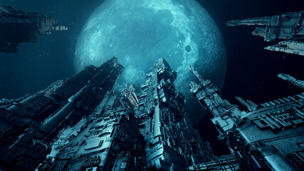 Futuristic skyscrapers with full moon. Science fiction scenery. 3D rendering © CROCOTHERY