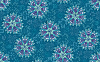 Folk art and nature inspired floral mandala with lacy scattered elements resembling snow flakes in fresh aquamarine, purple and spring green tones. Fabulous on apparel, digital realm, home decor items