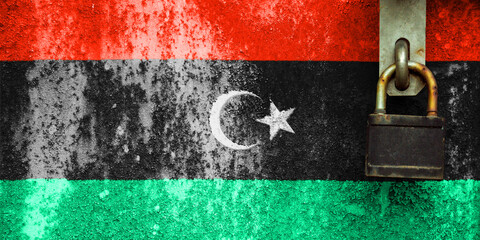 Libya flag is on texture. Template. Coronavirus pandemic. Countries may be closed. Locks.